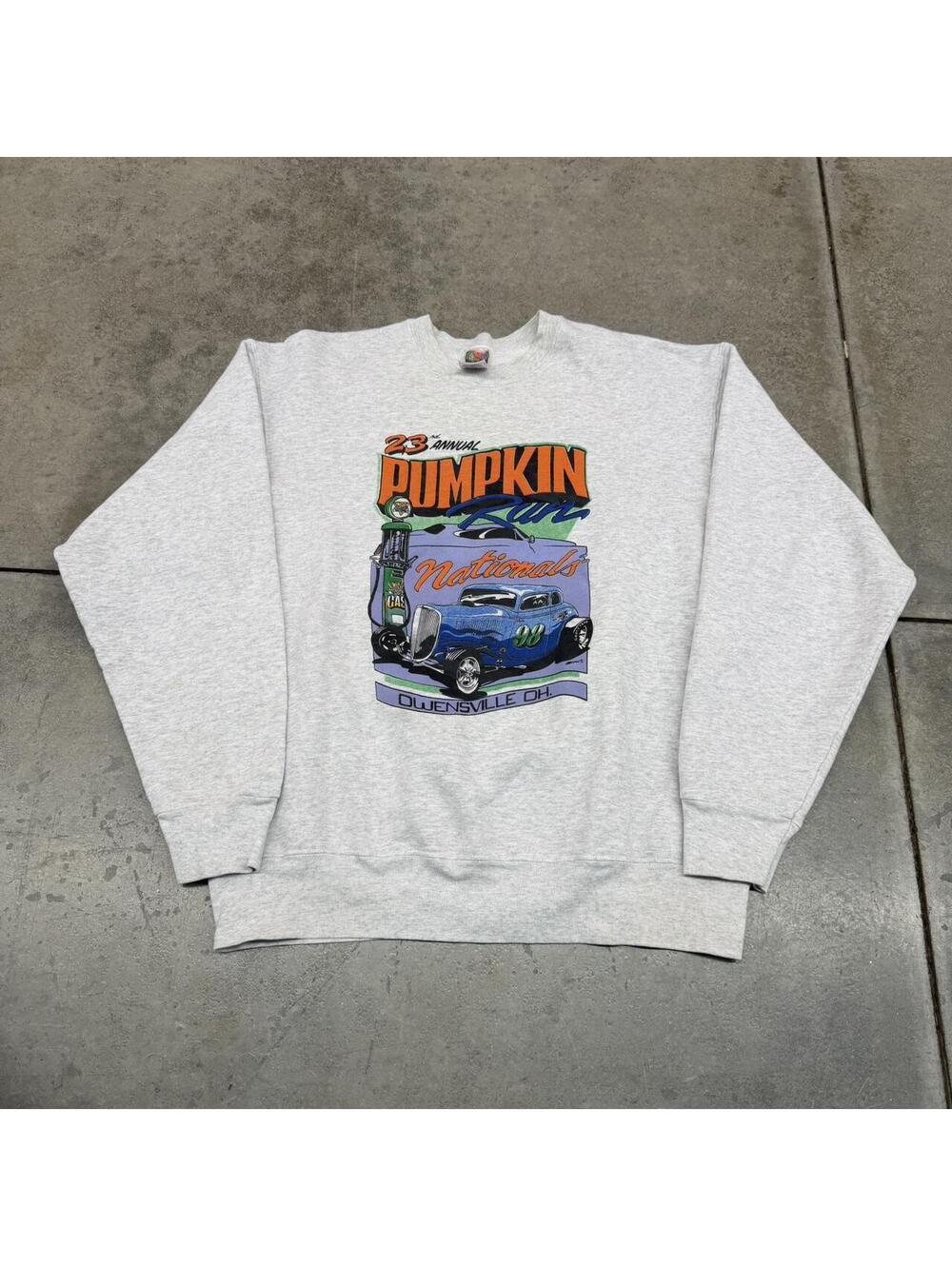 vintage pumpkin run hot rod car racing grey crewneck size xl HAS STAIN